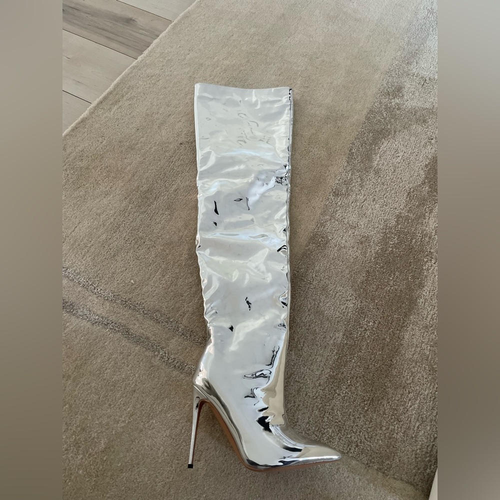 Silver thigh high boots